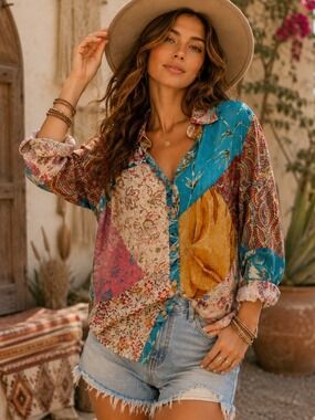 Sacred Threads Patchwork Boho Button Up Blouse Artsy Festival Top Size S